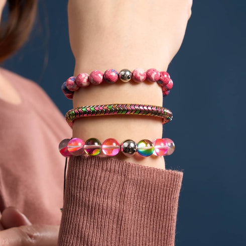 Serpentin | Arc-en-ciel Hématite x Licorne Argent | Bracelet Double Vague